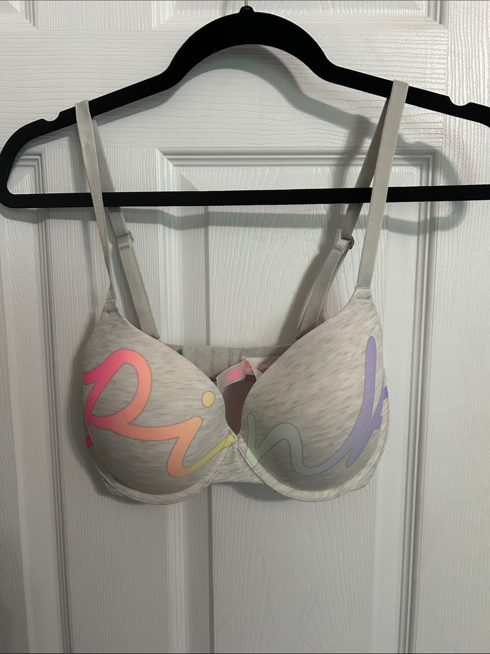 PINK Victoria's Secret Light Gray Push-Up Bra with Pastel Script